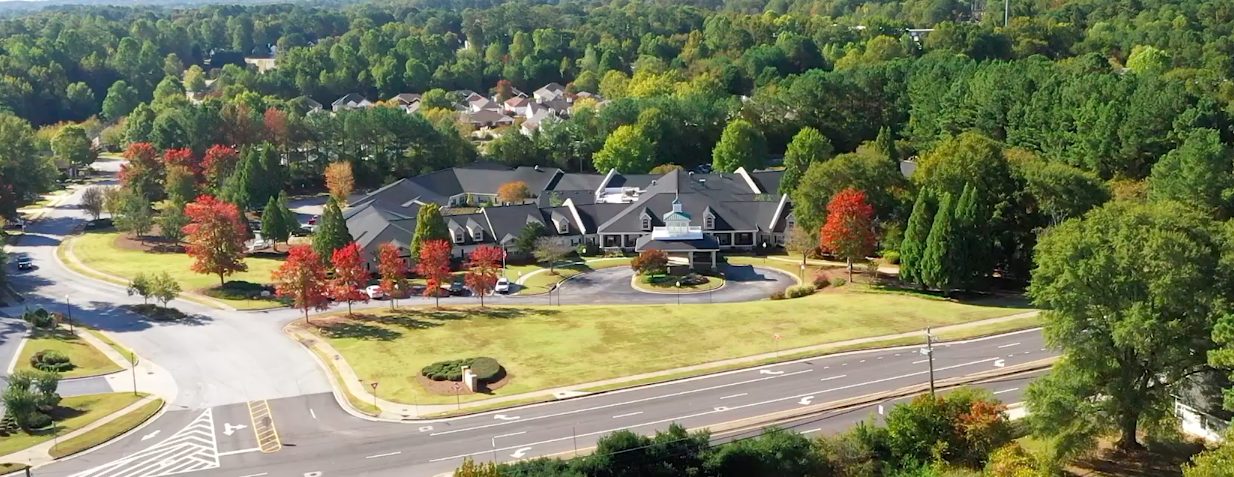 Aerial view of the Azalea Estates campus in Fayetteville