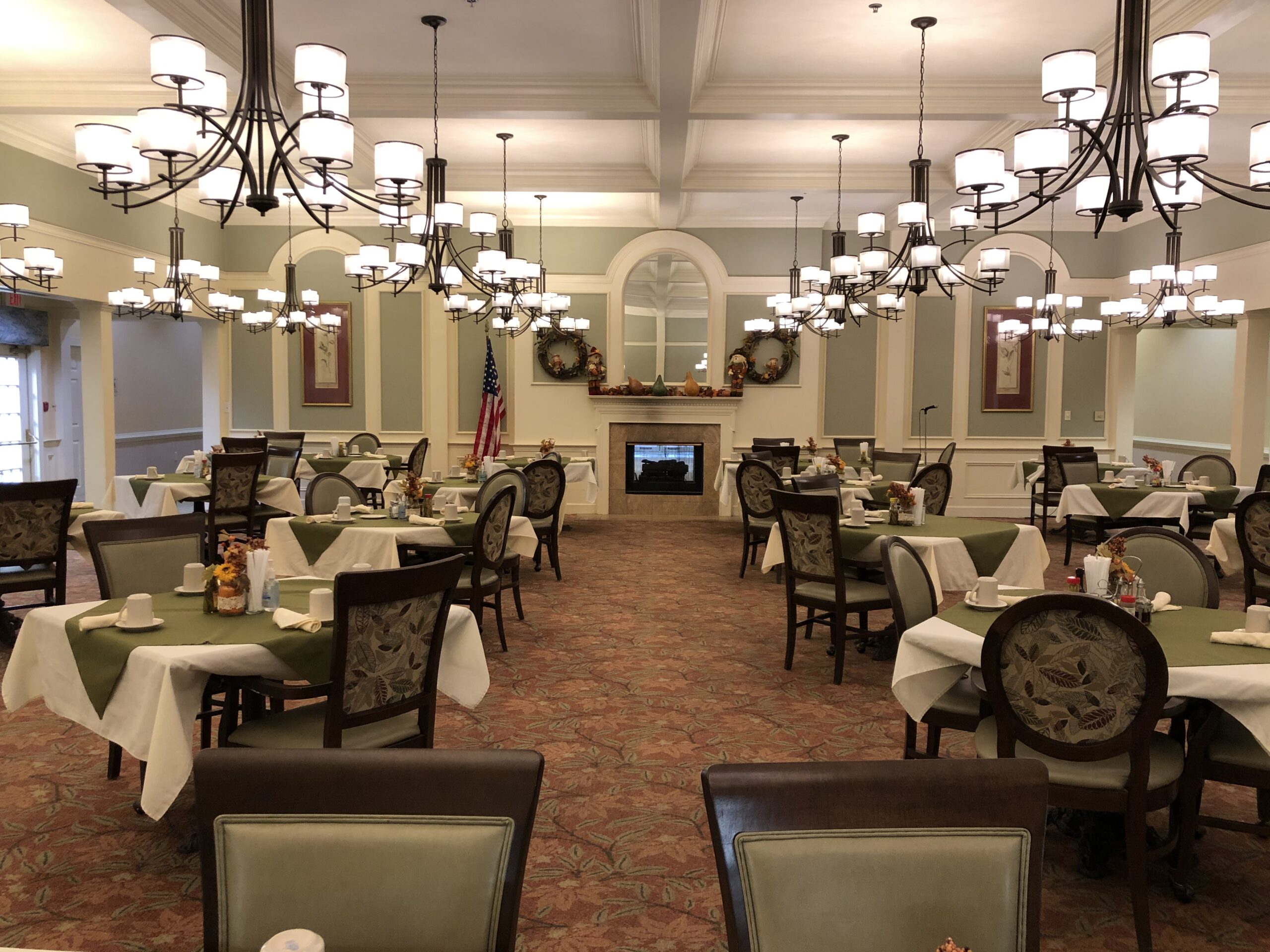 Spacious dining room with seating for all residents
