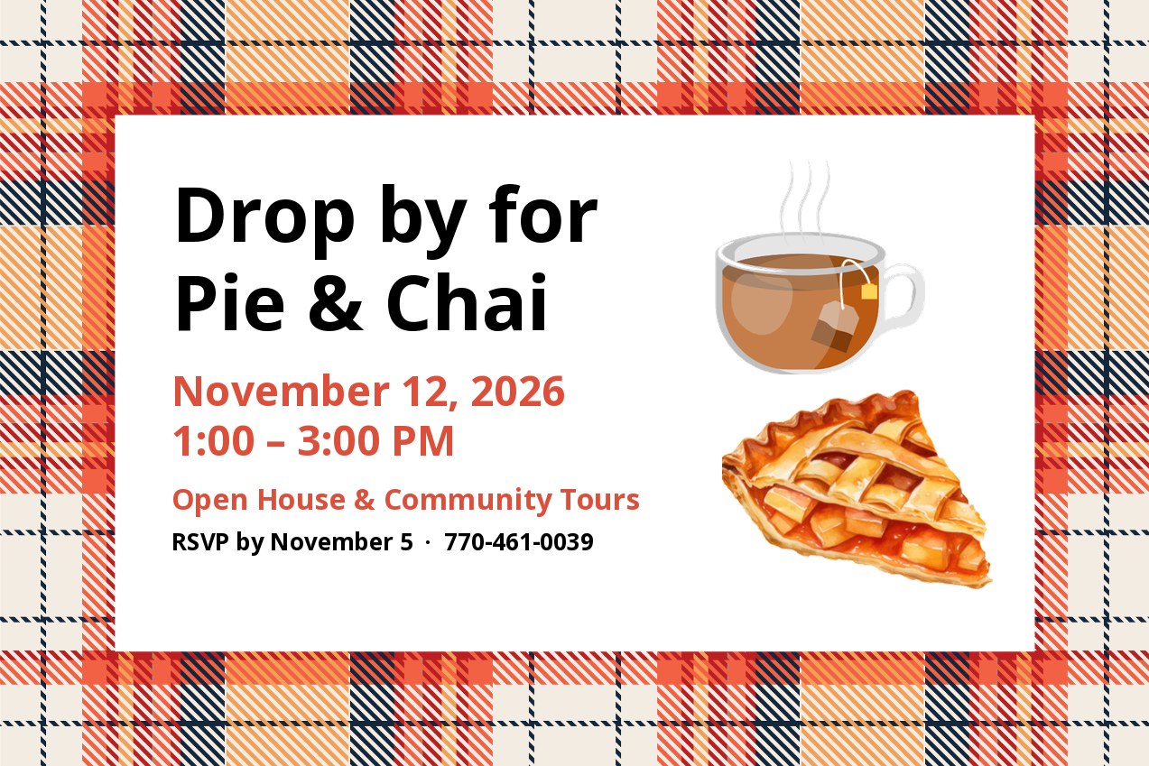 Drop by for Pie & Chai, November 12, 2026, 1:00 to 3:00 PM: fall plaid border with a cup of chai and a slice of lattice-top pie