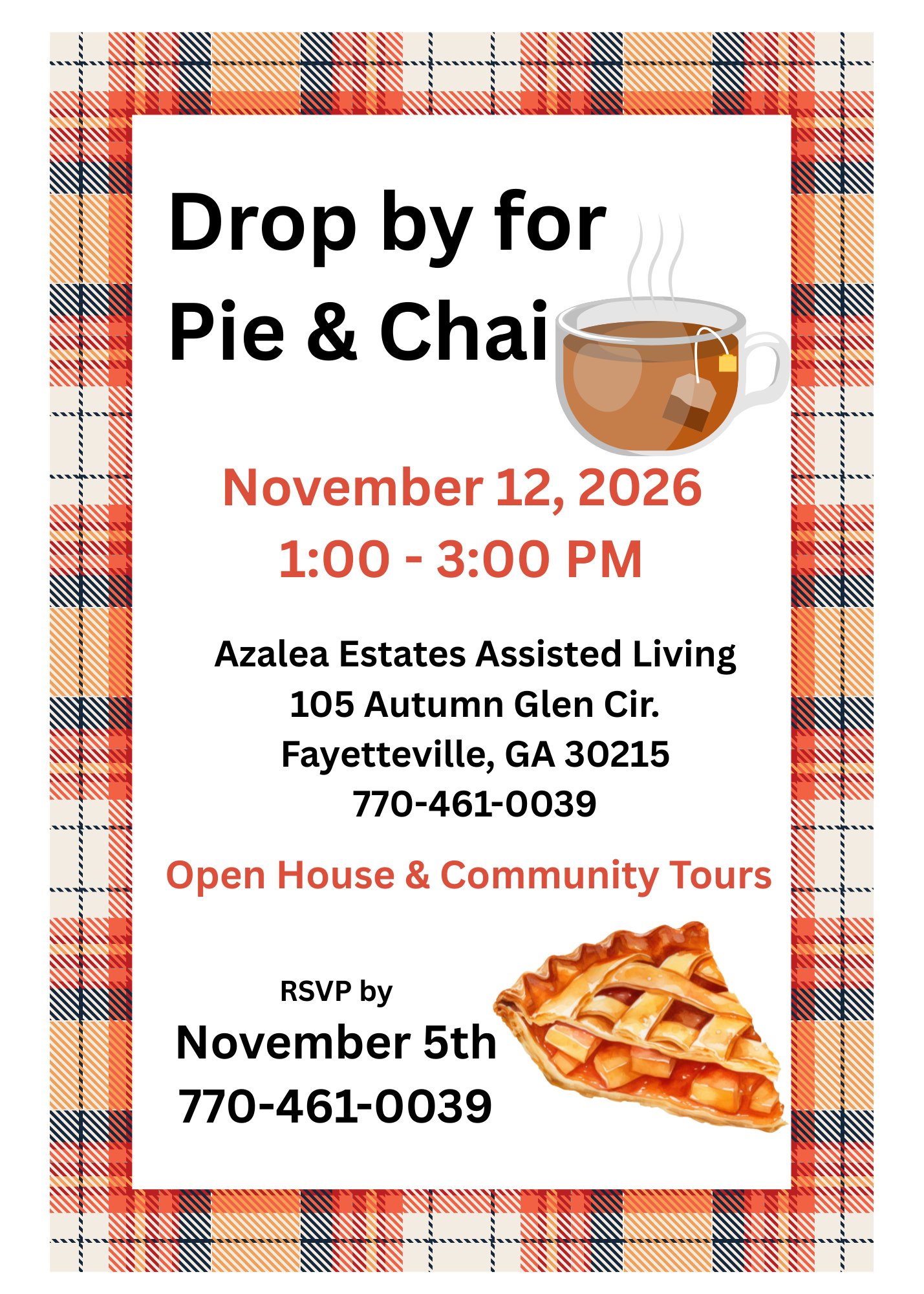 Printed flyer for Pie & Chai Open House at Azalea Estates