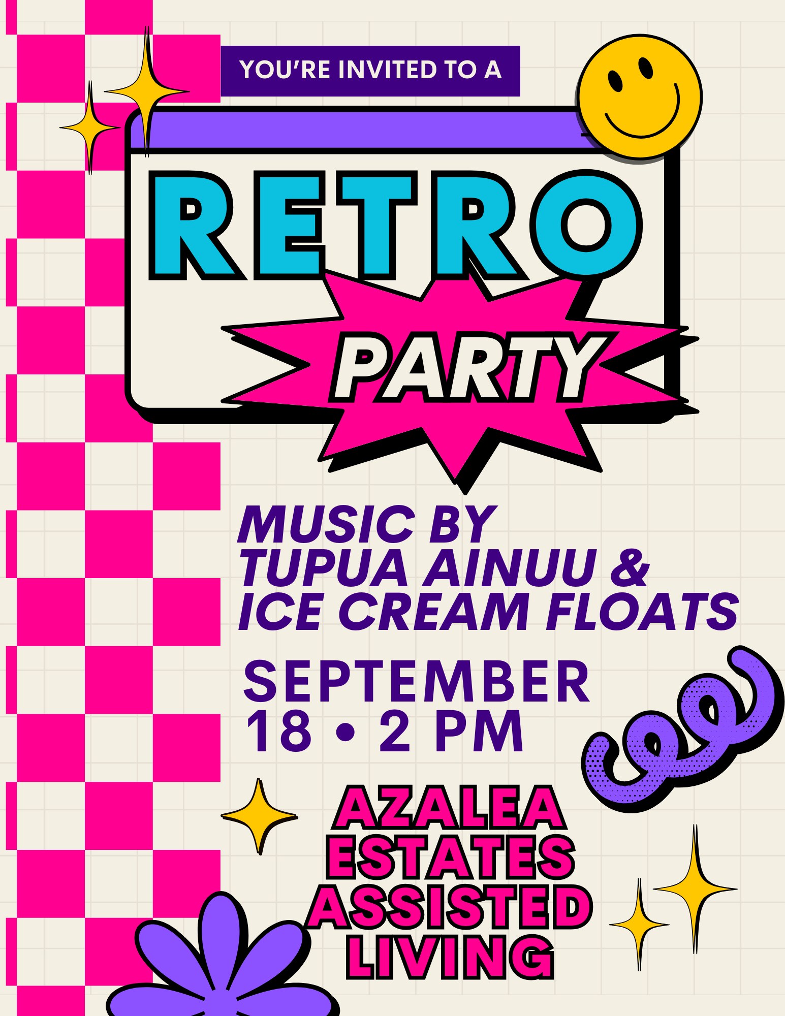 Retro Party event flyer with pink checkerboard, smiley face, and bold pop-art lettering