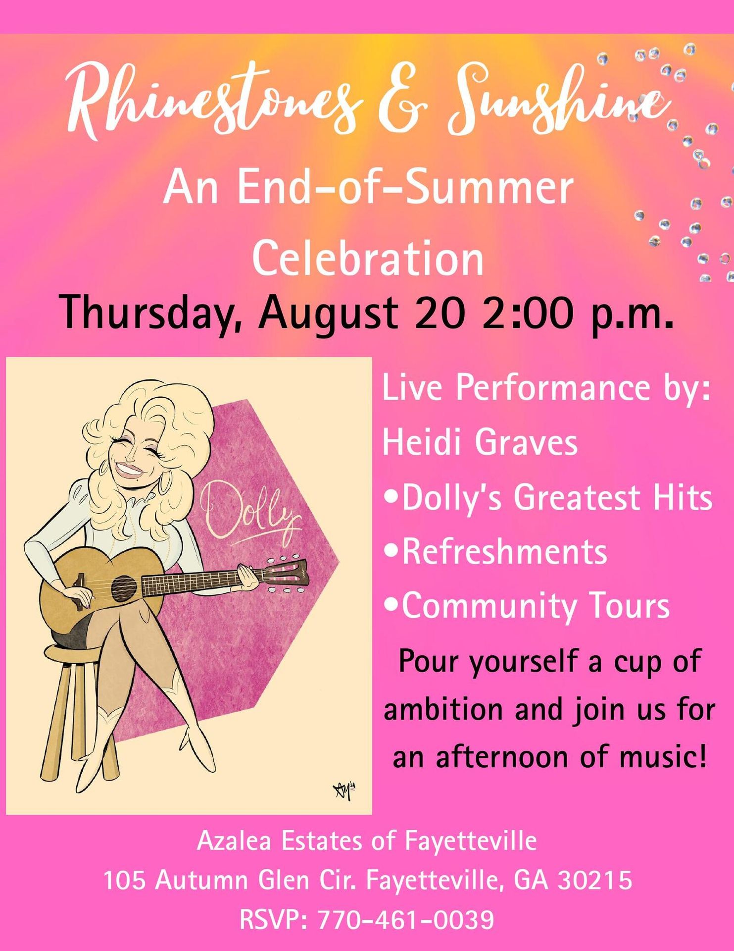 Rhinestones & Sunshine: An End-of-Summer Celebration event flyer featuring an illustration of a musician with a guitar