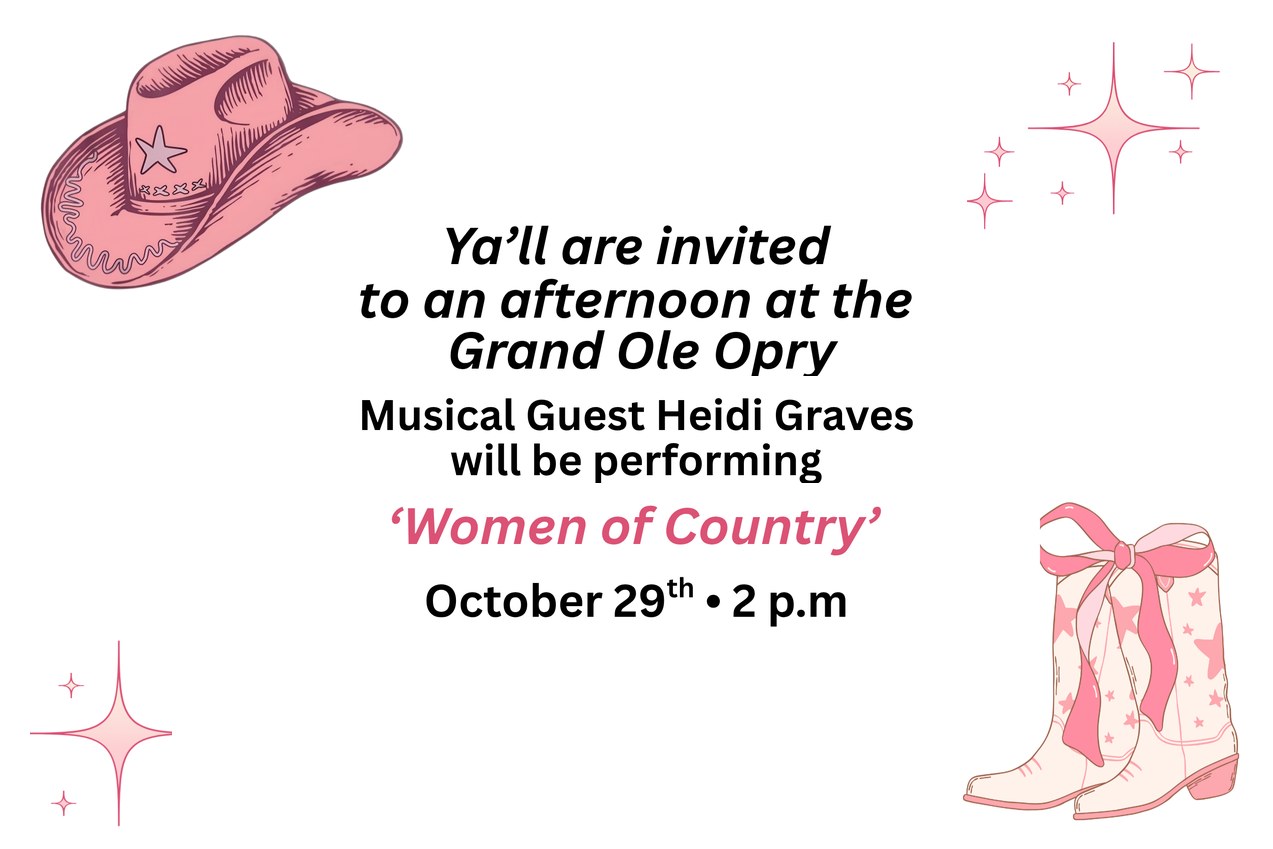 Women of Country with musical guest Heidi Graves, October 29 at 2 p.m.: pink cowboy hat, boots and sparkles