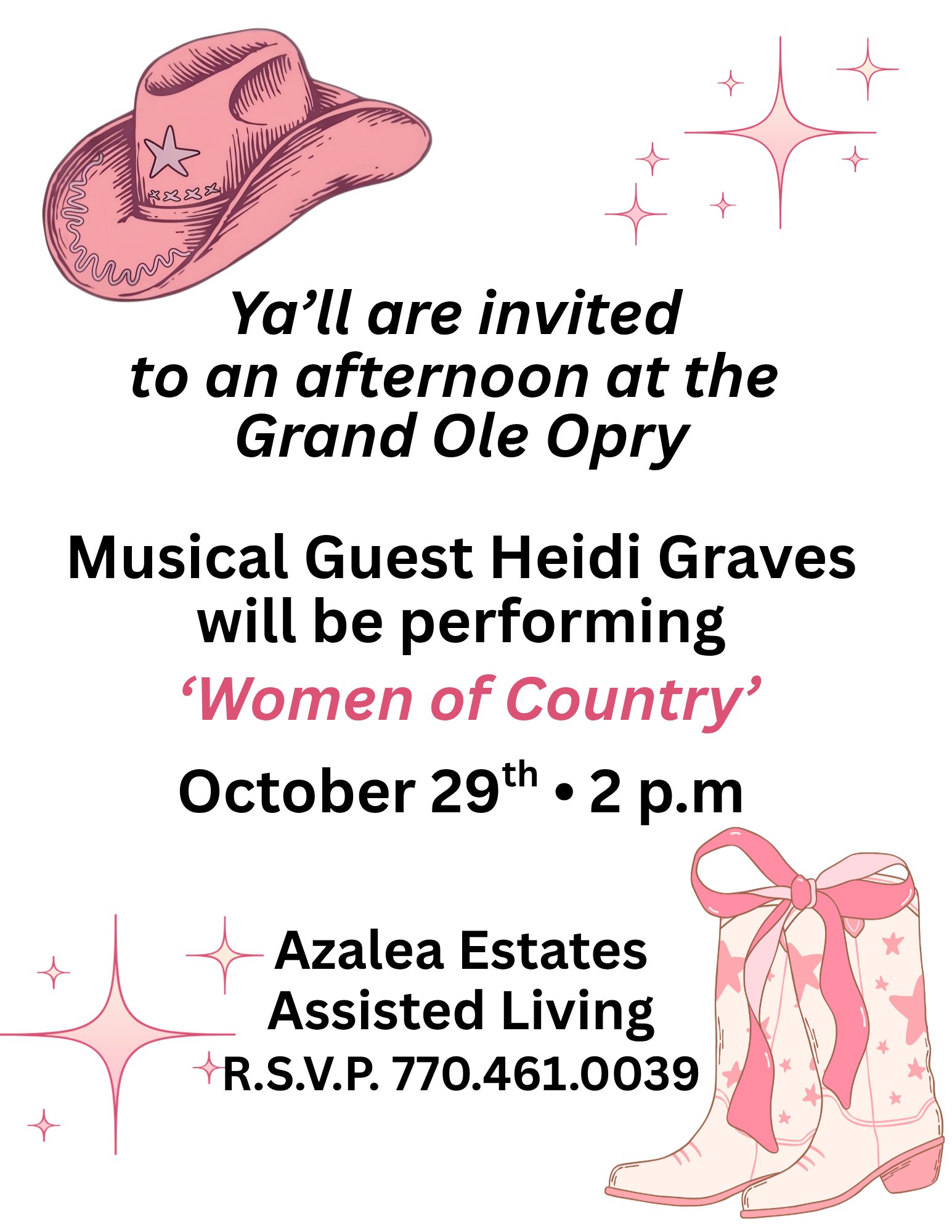 Printed flyer for Women of Country with Heidi Graves at Azalea Estates